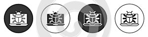 Black System bug on monitor icon isolated on white background. Code bug concept. Bug in the system. Bug searching