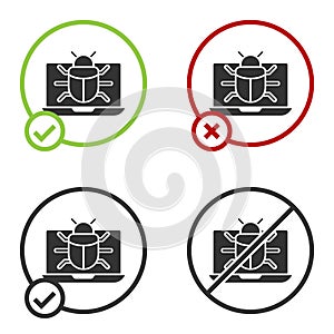 Black System bug on monitor icon isolated on white background. Code bug concept. Bug in the system. Bug searching