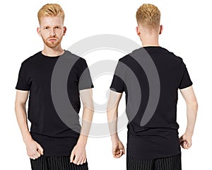 Black t hirt on a young scandinavian red hair man template on white background. Man black shirt copy space