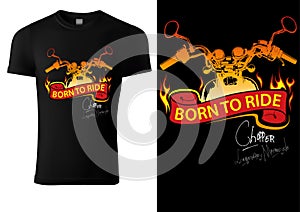 Black T-shirt Design with Motorcycle and Burning Banner