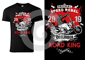 Black T-shirt Design with Motorcyclist and Inscriptions