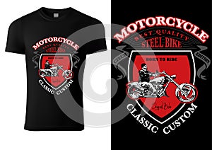 Black T-shirt Design with Motorcyclist and Inscriptions