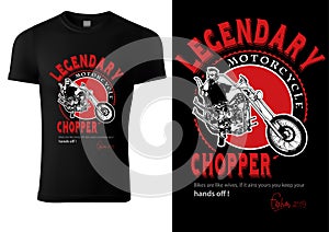 Black T-shirt Design with Motorcyclist and Inscriptions