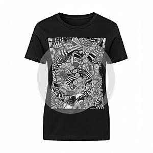 Black t-shirt featuring an intricate white abstract pattern on the front. The design