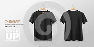 Black t shirt front and back mockup hanging realistic collections, template design