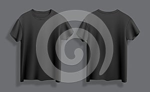 Black t-shirt isolated on dark background front and back view