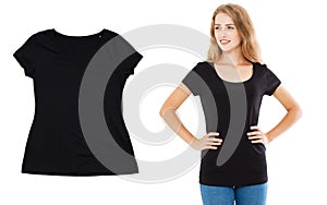Black t-shirt mock up close up options on white background, model tshirt