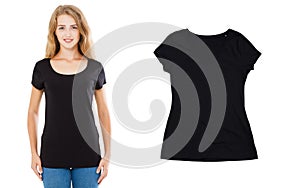 Black T-shirt mock up close up, Young beautiful asian korean caucasian female with blank black shirt, front and back. Ready for