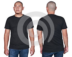 Black t-shirt mock up, front and back view, isolated. Male model wear plain black shirt mockup. Short sleeve shirt design template