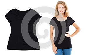 Black t shirt mockup close up over white, girl in t shirt front view