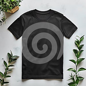 Black t-shirt beside plant on table. Minimalist and modern t-shirt mock up.