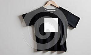 Black t-shirt with white square design hangs against a grey background. Fashion branding and textile design showcases