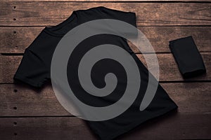 Black t-shirt on wooden background. T-shirt mockup Ai generative