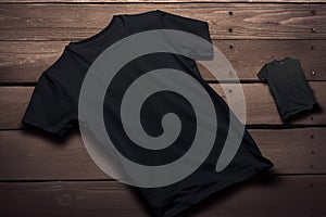 Black t-shirt on wooden background. T-shirt mockup Ai generative