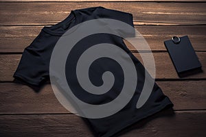 Black t-shirt on wooden background. T-shirt mockup Ai generative