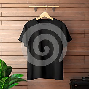 Black t-shirt on a wooden background. T-shirt template. AI Generator