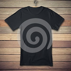 Black t-shirt on a wooden background. T-shirt template. AI Generator