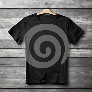 Black t-shirt on a wooden background. T-shirt template. AI Generator