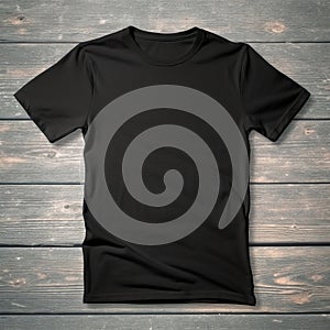 Black t-shirt on a wooden background. T-shirt template. AI Generator