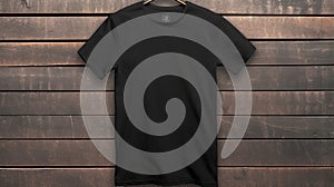 Black t-shirt on a wooden background. T-shirt template. AI Generator