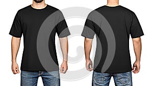 Black t-shirt on a young man white background, front and back