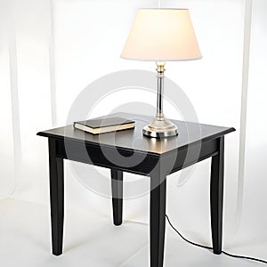 Black table with white table lamp isolated on white