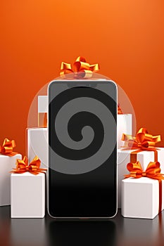 Black tablet computer with golden bow, 3 d rendering