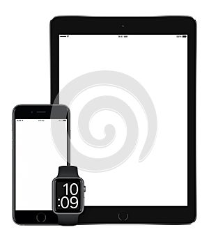 Black tablet computer smartphone and smartwatch vertical