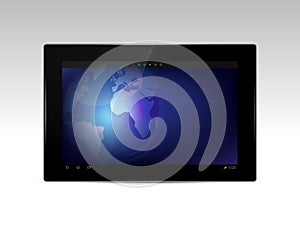 Black tablet with earth globe on the screen