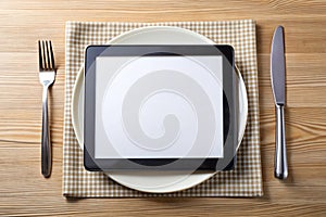 Black tablet PC on dinner table with plate, fork, and knife