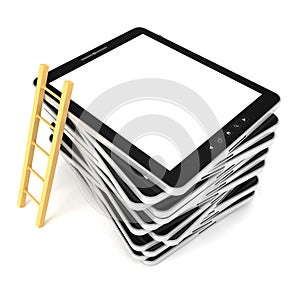 Black tablet PC stack with wooden ladder photo