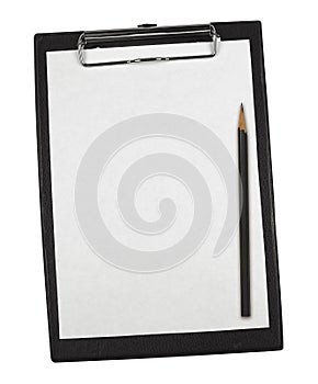 Black tablet with piece of empty paper and pensil isolated on white