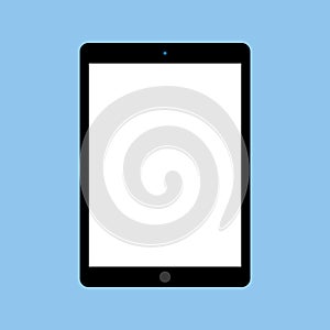 Black tablet with white screen on blue background. Tablet vector sign eps10.