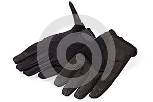 Black tactical military gloves on a white background