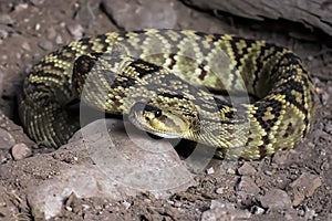 Black Tailed Rattlesnake Coiled on Ground Close Up