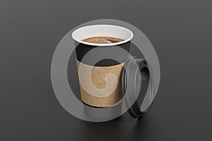 Black take away coffee paper cup mock up with opened black lid with holder on black background