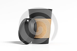 Black take away coffee paper cup mock up with opened black lid with holder on white background