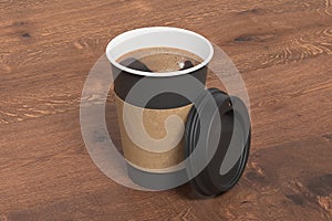 Black take away coffee paper cup mock up with opened black lid with holder on wooden background