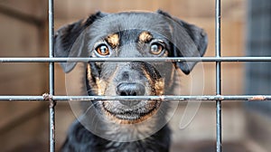 Black and tan dog with soulful eyes behind metal bars, conveying plea for companionship and freedom. This powerful image