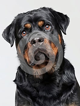 A black and tan rottweiler dog looking at the camera