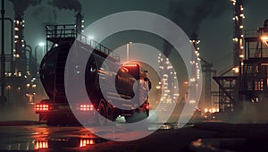A black tank truck driving through an industrial area at night