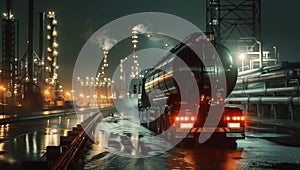 A black tank truck is parked at an industrial facility, illuminated by the glow of gas pipes and lights in the background