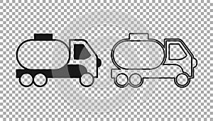 Black Tanker truck icon isolated on transparent background. Petroleum tanker, petrol truck, cistern, oil trailer. Vector