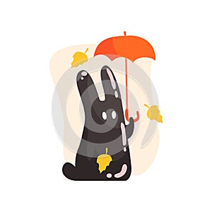 Black Tar Jelly Rabbit Shape Monster Holding Orange Umbrella Under Falling Yellow Leaves Outdoors In Autumn Season