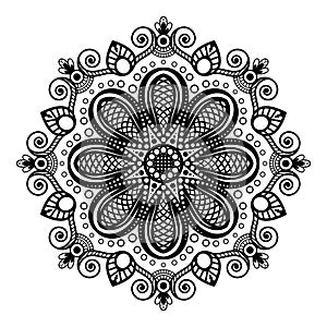 Black tattoo mandala on white background in Indian henna mehndi style.