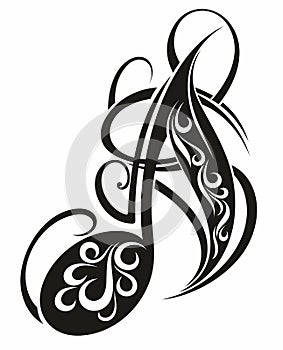 Black tattoo Music note. Black silhouette isolated on white background.Vector illustration