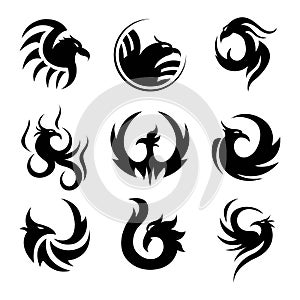 Black tattoo template of phoenix isolated illustrations set