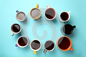 Black tea coffee in bright cups, office break, team building