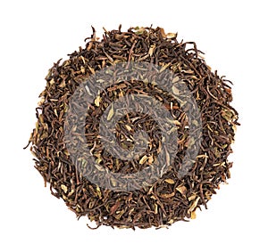 Black tea Darjeeling, isolated on white background. Organic tea. Top view. Close up.