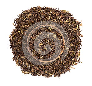 Black tea Darjeeling, isolated on white background. Organic tea. Top view. Close up